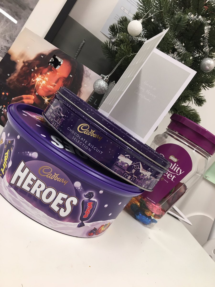 riawelsh1's tweet photo. Coming into work is even more amazing when you have all of these treats waiting for you when you walk in the door! 🍫😍@HelenMintVelvet  thank you! #ChristmasCountdown https://t.co/A1Wp6gn015
