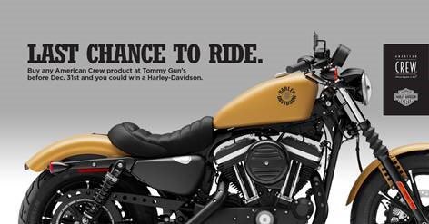 TommyGunsBarber's tweet photo. LAST CHANCE: Buy an @AmericanCrewCAN product at any TG’s shop before December 31st and you could WIN A 2019 HARLEY-DAVIDSON SPORTSTER IRON 883. How awesome is that? #StyleForTheRoad https://t.co/R7aDPUCooR