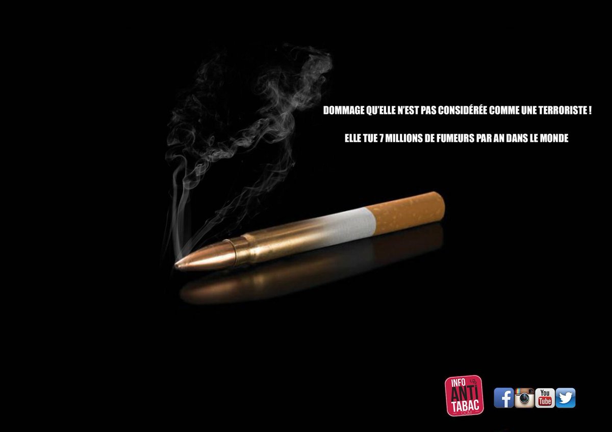 InfoAntiTabac's tweet photo. Le tabac tue plus que les accidents de la route, que l'alcool, que les drogues dures, que le terrorisme. et pourtant elle est en vente libre en Europe. La cigarette est une terroriste et les pays européens sont les dirigeants de cet dernière. https://t.co/fHUd7H5A1K