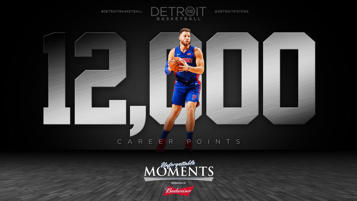 DetroitPistons's tweet photo. .@blakegriffin23 is now at 12,000 points for his career.

Congrats Blake! @budweiserusa https://t.co/J9SsrX2lsp