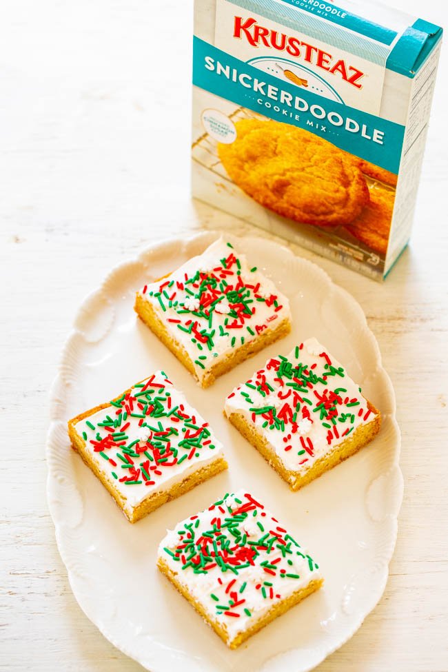 Snickerdoodle Bars with Cream Cheese Frosting 🎄❤️💚- Snickerdoodle bars are so much FASTER AND EASIER than making snickerdoodle cookies! <a href="/Krusteaz/">Krusteaz</a> #ad averiecooks.com/snickerdoodle-…