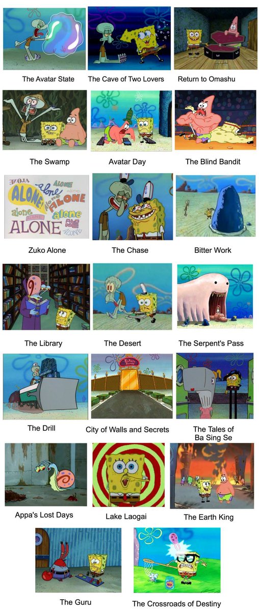 TheBatstan's tweet photo. The greatest thing I have ever seen. 

Every single episode of Avatar: The Last Airbender portrayed by Spongebob pictures: https://t.co/igqSl7i6Qb