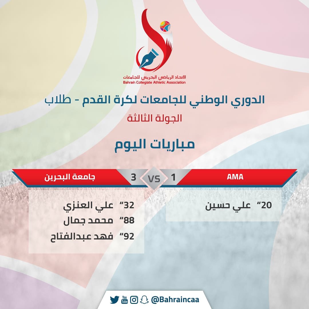 BahrainCaa's tweet photo. جامعة البحرين تواصل عروضها القوية بثلاثية في مرمى AMA في ختام الجولة الثالثة من الدوري الوطني للجامعات. https://t.co/x9sHog96TT