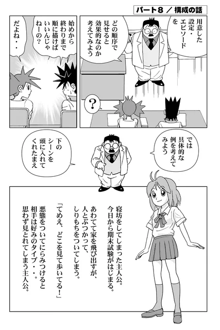 冒頭のシーン、どこから描き始めるか…というのはとても重要。
でも、「どこから」はどう考えたらよいのだろう？

「マンガのマンガ／ストーリー構成編」より
 