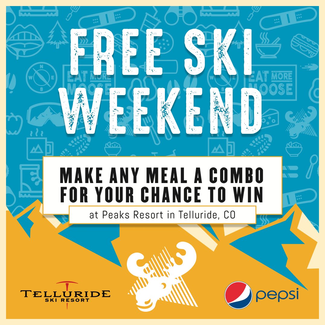 Win a FREE 3 day, 2-night stay at the four-star Peaks Resort in Telluride, CO. Go to your local Smiling Moose and make any entree a combo, and use your code at the link for your chance to win!!!! ❄️🏂⛷🎿 bit.ly/2Qo3cZu
