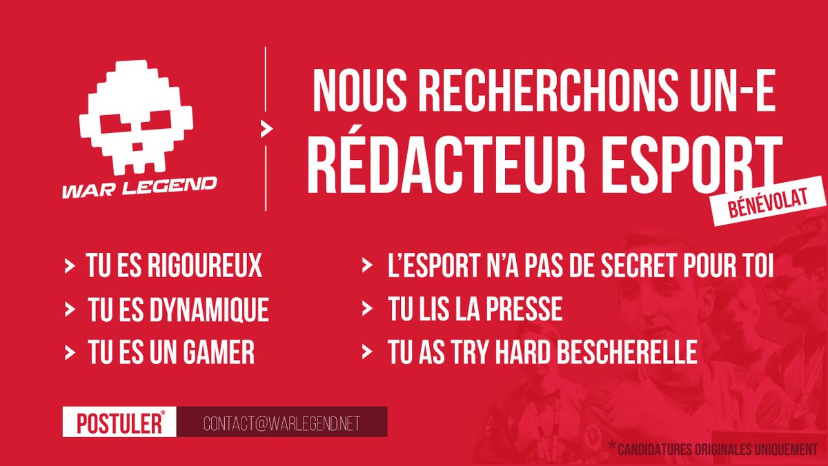 WarLegendnet's tweet photo. T'aimes l'esport ? La rédaction c'est ton truc ? T'es in love avec la raclette ? Alors rejoins-nous !
#Recrutement #RacletteForever https://t.co/Pwo6fTfdkJ