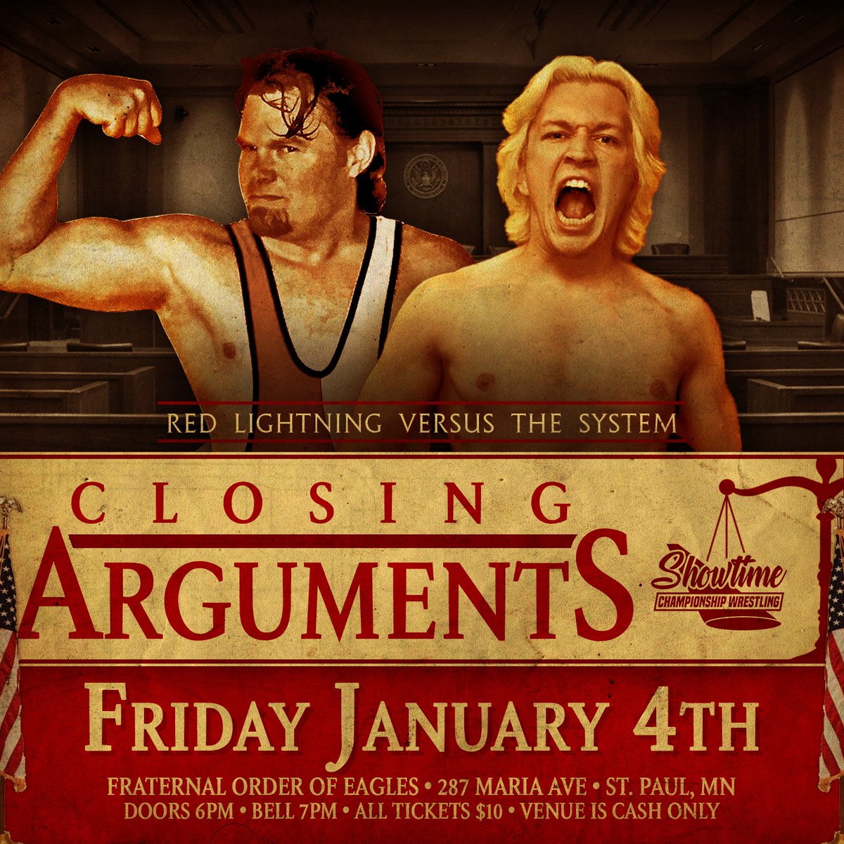 HigherGroundW's tweet photo. MATCH ANNOUNCEMENT!
Closing Arguments
Friday January 4th 2019 
St Paul, MN

Red Lightning -vs- The System 

#ItsShowtime
#ClosingArguments https://t.co/pbnBu6AKTq