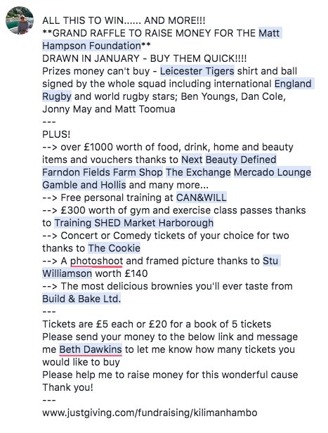 LET'S GO! <a href="/Hambofoundation/">Matt Hampson</a> Kilimanjaro 2019
You can win £1000s worth of prizes tickets &amp; priceless signed items from <a href="/LeicesterTigers/">Leicester Tigers</a> and <a href="/EnglandRugby/">England Rugby</a> stars if you enter this raffle for Hambo! £5 each or 5 for £20
Prizes drawn Jan'19! **PLS RTWT** x
justgiving.com/fundraising/ki…