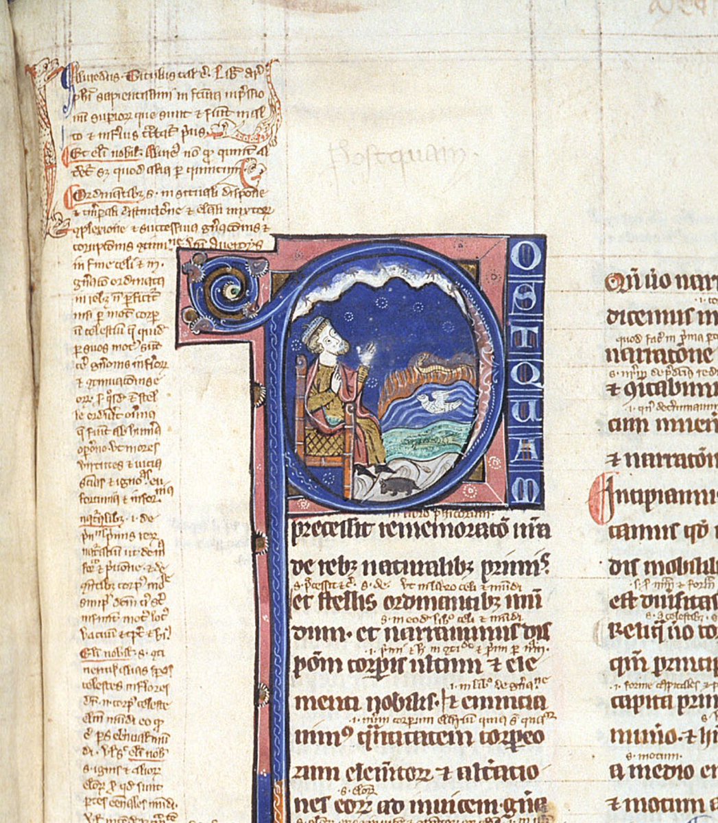 red_loeb's tweet image. Historiated initial 'P'(ost quam) with the philosopher seated &amp;amp; before him the sky, earth, &amp;amp; sea. Watch out for the interesting characters lurking in the top left corner! 
Royal 12 G V; f. 133 @BLMedieval
