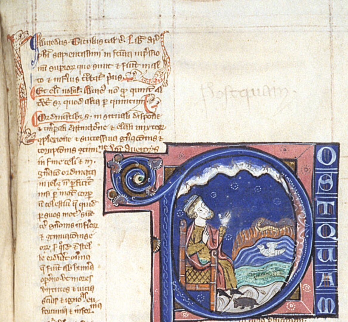 red_loeb's tweet image. Historiated initial 'P'(ost quam) with the philosopher seated &amp;amp; before him the sky, earth, &amp;amp; sea. Watch out for the interesting characters lurking in the top left corner! 
Royal 12 G V; f. 133 @BLMedieval