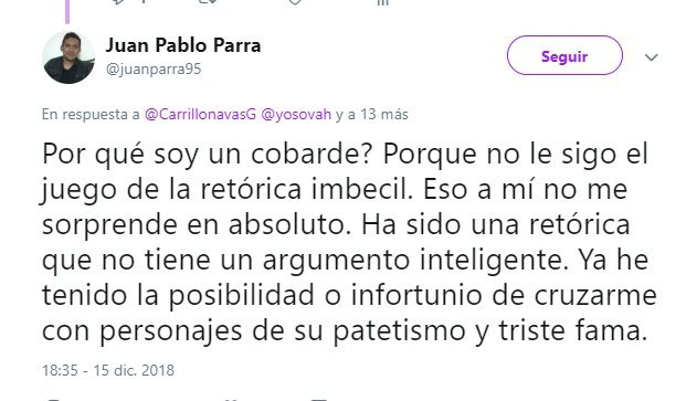 CarrillonavasG's tweet photo. #Ramfa @juanparra95👈🏽 No le tengo miedo a su jefe Petro, menos a usted idolatra, y disque decente, respete para que lo respeten y procedo bloquearlo @CRoldanV1 @claraluclara @claudialdelgado @clausxe @EdoCote @IsabelMeja14 @RicardoVlezG1 @TWITERM99417410 @josuenacionalis https://t.co/Cibtt2XFxC