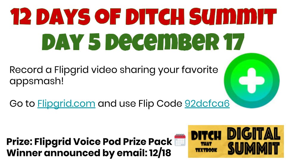 DitchThatTxtbk's tweet photo. 🚨It's day 5 of 12 days of #DitchSummit!

🎉Our prize today is a @Flipgrid VOICE POD ⛺️ 

🎥 Just record a video sharing your favorite 
appsmash &amp; post on https://t.co/DKVxlcw3bc 

You MUST be registered to win!
➡️ https://t.co/P9Zhzk1sVT

https://t.co/xeqLqP3M6b #FlipgridFever https://t.co/3cfCGmEOpc
