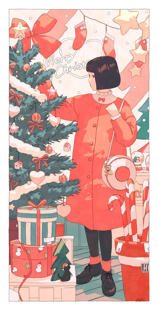 1girl christmas tree solo candy cane christmas ornaments short hair black hair  illustration images