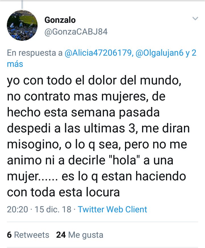 BastaMae's tweet photo. Si sos mujer, y esta semana te echaron a vos y a otras dos mujeres más de tu trabajo, y tu jefe se llama Gonzalo: quizás es este pelotudo y lo podés denunciar porque dijo públicamente que el despido fue una cuestión de género. Acá la prueba. Ojalá le llegue a alguna de las tres. https://t.co/8aww2IfUlV