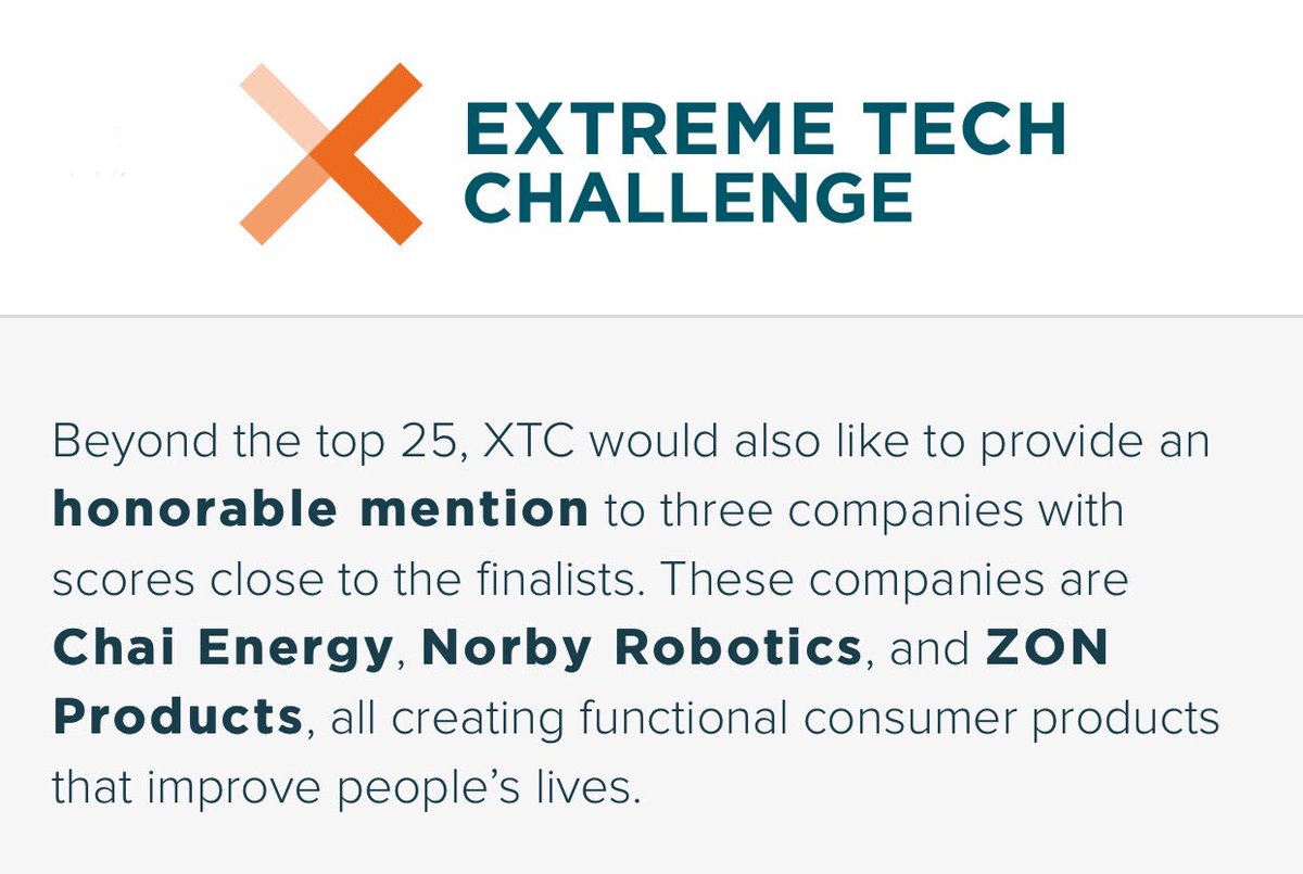 zonproducts's tweet photo. We are super excited to have been an Honorable Mention in the Extreme Tech Challenge (XTC) announcement of the Top 25 for Fifth Annual Competition. The XTC contest is so high profile that some of the best startups in the world had applied. @ExTechChallenge @richardbranson https://t.co/cTJoBWBu9i