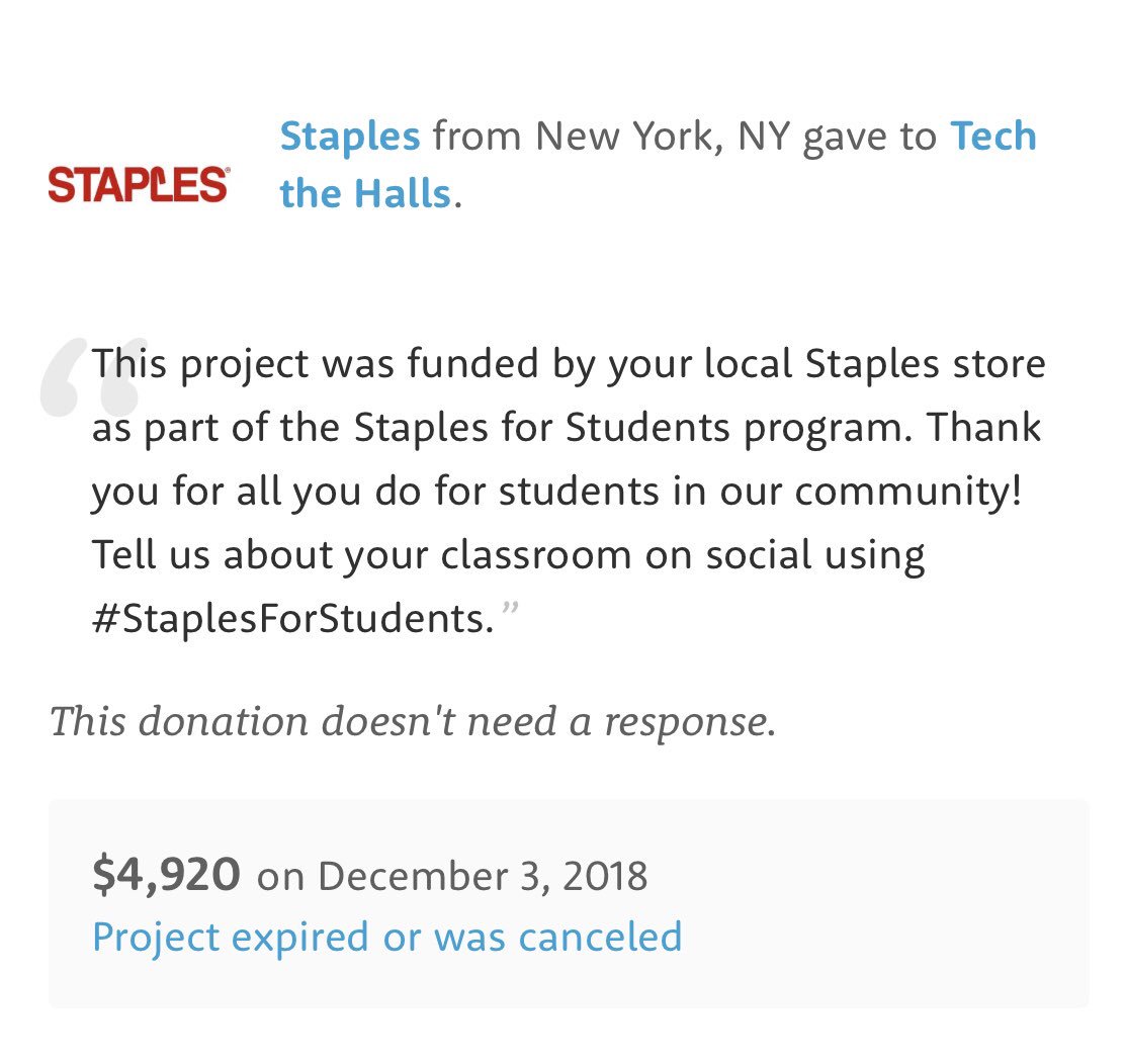 mcperrone's tweet photo. I was so excited when I was notified of your HUGE donation to my project..unfortunately my project ran out of time😐I thought I’d be able to apply funds to next project but no luck .. please consider donating to my projects https://t.co/EEte8UHjCj @Staples #staplesforstudents https://t.co/Qr9HGz8EXM