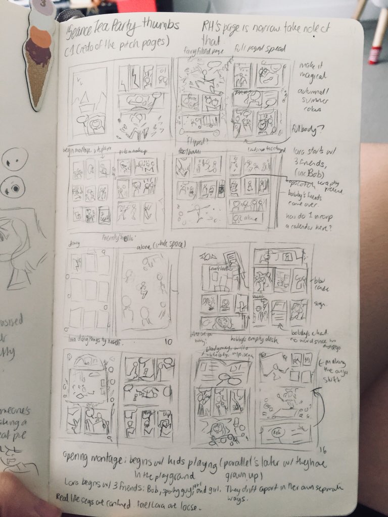 A full page of 16 thumbnails. It’s a mess lmao, of thoughts and ideas. But I’m getting a stronger grip on what I want this book’s artistic philosophy to be