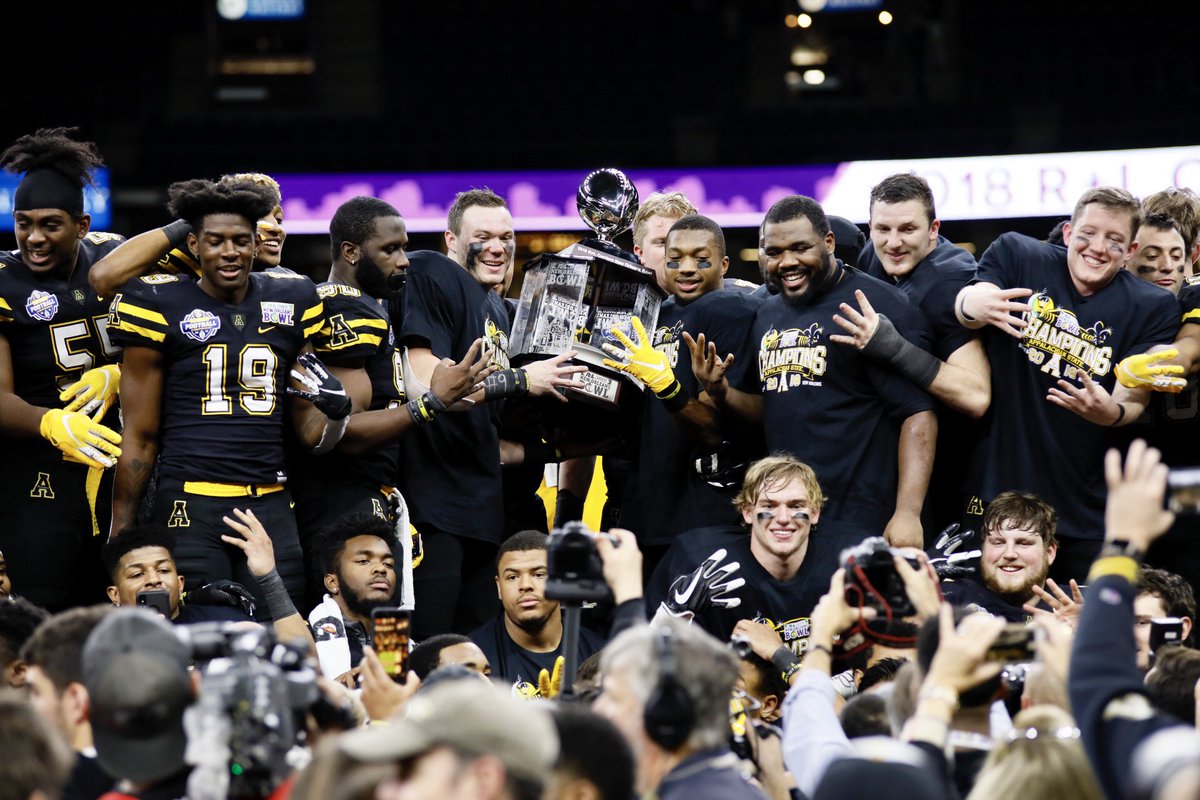 appstate's tweet image. Appalachian State takes home the trophy in the R+L Carriers @NewOrleansBowl. #Backtobacktobacktoback bowl champions! Congrats on a fantastic season, @AppState_FB!