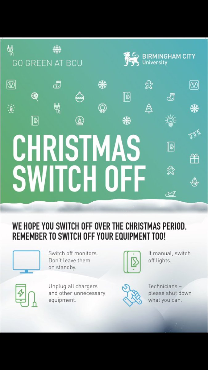 Be an energy saving hero 🕺
On Christmas Eve, offices and universities around the country will close for at least four days and this year we're encouraging you to support our very own Christmas Switch Off campaign to reduce energy consumption <a href="/MyBCU/">Birmingham City University</a> <a href="/BCUSU/">BCU Students' Union</a> @TeamBCU