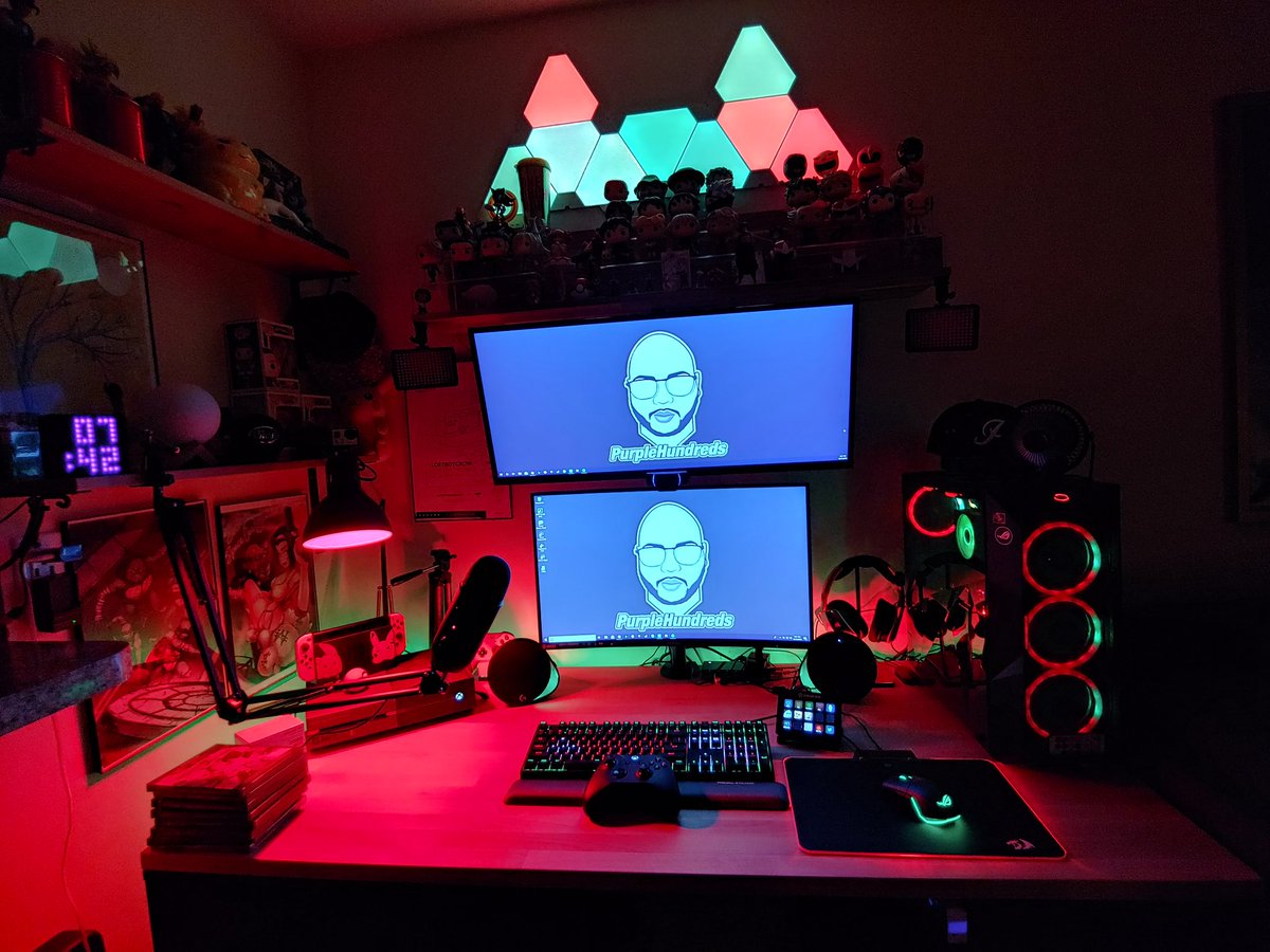 PurpleHundreds's tweet photo. So I cleaned my desk a little lol. I also changed the Lights and RGB to Red & Green because you know Christmas lol
Anyway what do you guys think?
#LogitechG560 #ElgatoStreamDeck #ElgatoCamLink4K #AsusRog #CoolerMaster #MSI #LG #BlueYeti #Aigo #GSkill #AMD #AmdRyzen #Christmas https://t.co/YvN6myhiY4