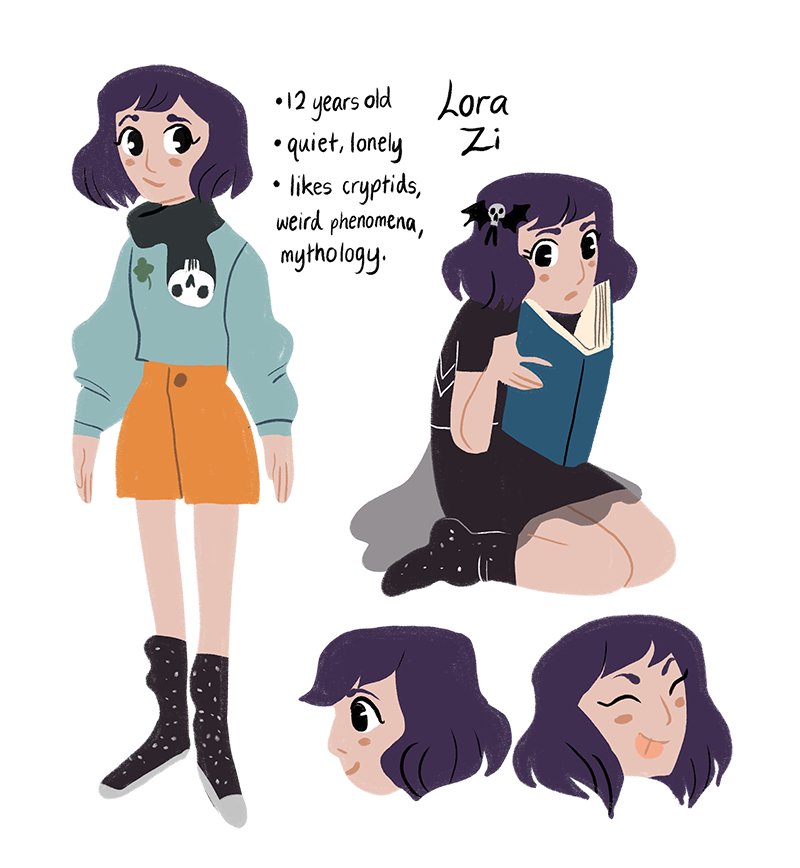 Here are the character sheets from the pitch! Meet Lora Xi, a fan of all things spoopy, and her ghost gal pal, Alexa.