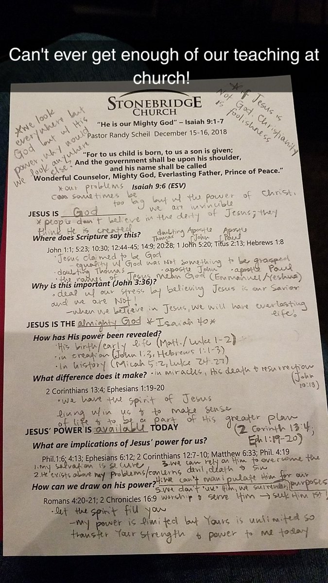 senorita_duran's tweet photo. The teaching @StonebridgeCR from @RandallScheil @nightwithak and #robin is always based in so much biblical truth which is the only truth! #wonderfulcounselor #mightyGod #everlastingFather #Princeofpeace #stonebridgelife https://t.co/cO3cYtur8Y
