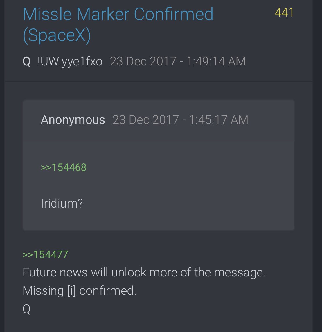 Q427 Why is the ‘i' missing?Q441 Future news will unlock more of the message. Missing [i]Q2501 Will immediate action(s) be 'publicly' taken within each country to REUNIFY THE BOND that was once held PRIOR TO…….[CLAS 9]?[]9 = i. Missing i. Illuminati? @POTUS  #QAnon  #QArmy