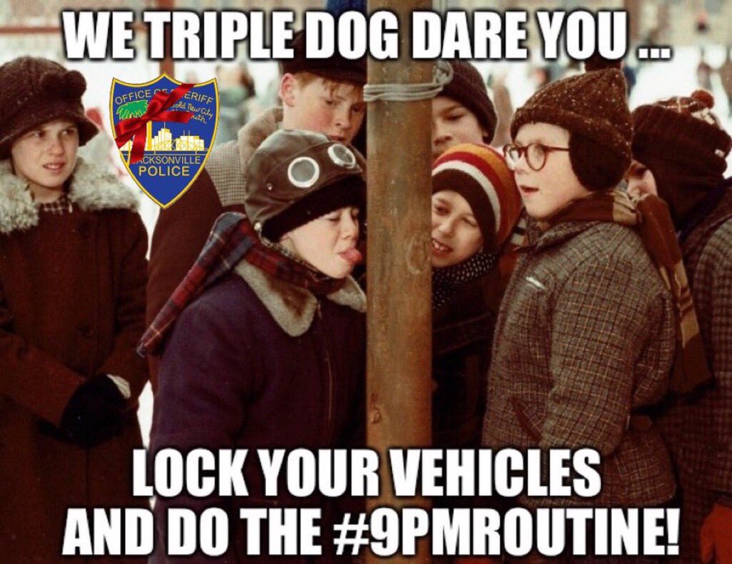 JSOPIO's tweet photo. We triple dog dare YOU to remove guns and valuables from your vehicle and lock your vehicle doors.

Make the #9PMRoutine part of your permanent routine.

#BeepBeep #NoExcuses 👍🏼🕘👮🏻‍♀️ https://t.co/icWN0CwgT3