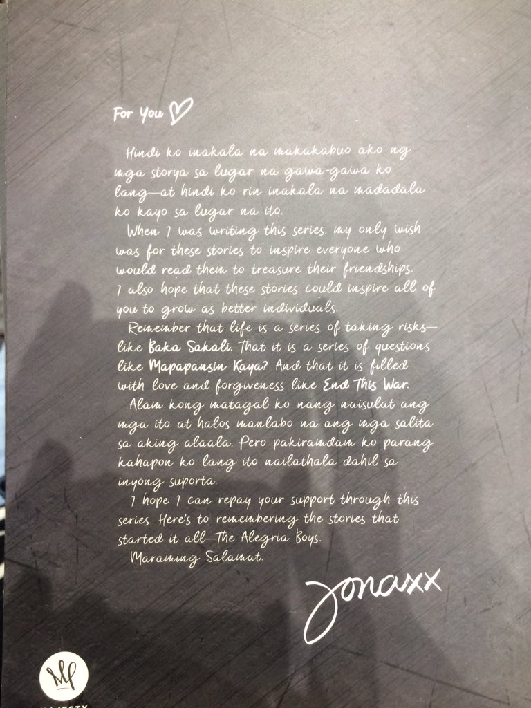 jonaxxbbs's tweet photo. Ate J’s special message at the back of Tales from Alegria! 

20 pages siya na POV ng Alegria Boys! #KingsOfAlegriaBookLaunch https://t.co/Mp3ILY9oER