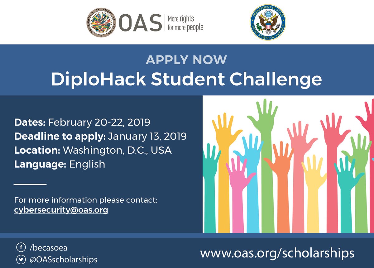 belisarioc's tweet photo. Becas disponibles para el #DiploHack Student Challenge organizado por la @OEA_Cyber y @State_Cyber | 6️⃣ equipos de América Latina y el Caribe serán seleccionados a participar de esta iniciativa 🌎👨🏻💻👩🏼💻
Mayor información aquí 👉 https://t.co/6L4ek0bNRm https://t.co/TO5vmWjzws