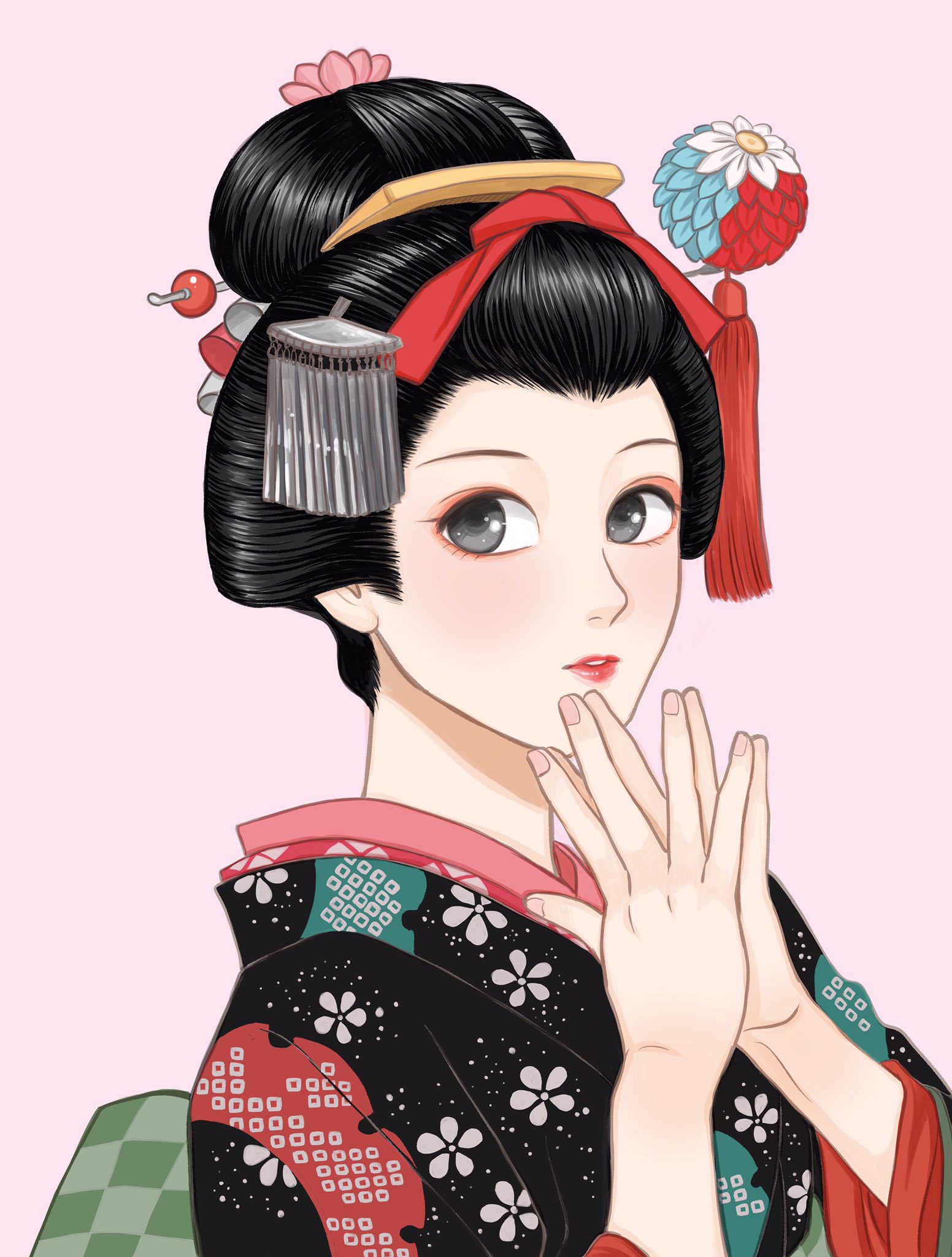 撫子凛 お染 明治時代の髪型ですが 可愛くて描きたくなったもので 若い娘の代表的髷 桃割れ に橋を掛けたような髷です 歌舞伎のお染久松から呼び名がつきました うしろの丈長の見送りがとってもキュート 江戸御髪 T Co 99mxqkhlyk