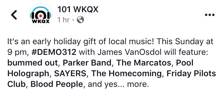 sayersofficial's tweet photo. You can hear us this Sunday night on @101WKQX during the 9pm hour. Thanks so much to Q101 for all the love this year. Growing up listening to the station non-stop as an angsty teen and now hearing our own tunes over the same airwaves is an incredible dream come true. #grateful https://t.co/Zcpyswbx4j