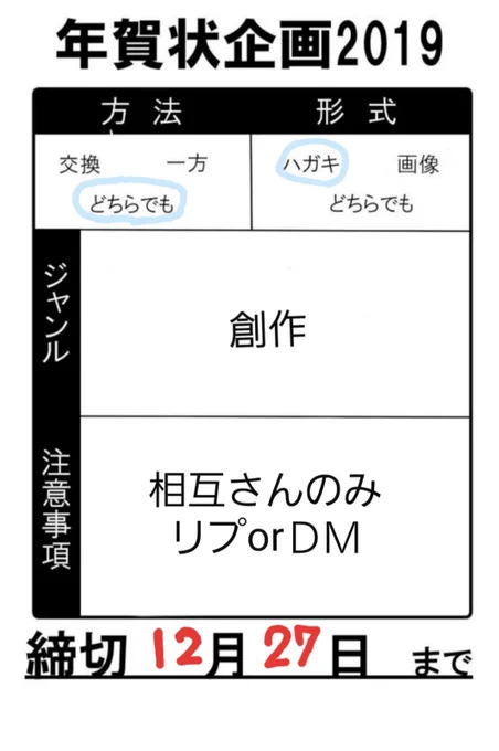 【年賀状企画】

◎相互さんのみ(新規等問いません)
◎遅くても大丈夫な方!
◎住所を教えてもいいという方

参加方法はこのツイートに
リプorいいね(私の方からDM致します)

直接DMでも大丈夫です?

#年賀状企画2019 