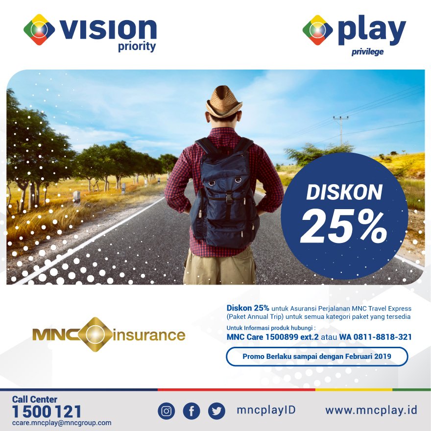 MNC Insurance bakal menemani liburan kamu dari keluar rumah sampai masuk rumah lagi!

Nikmati Diskon 25% untuk Pembelian Paket MNC Travel Express, Khusus Pelanggan Setia MNC Play.

Promo berlaku sampai dengan Februari 2019

Syarat dan Ketentuan Berlaku.