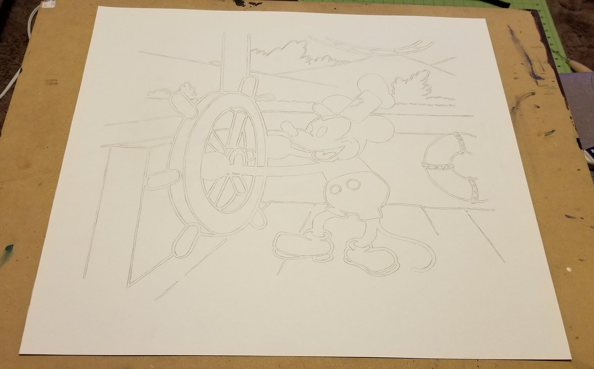 L337Productions's tweet image. Line work for the painting is finally finished! Ready to finally start painting! Its 18.5"x16.25", my biggest painting to date!
#lineart #linework #watercolour #mickeys90thbirthday #steamboatwillie #mickeymouse #pencillinework #watercolor #coldpress #140lbcoldpress