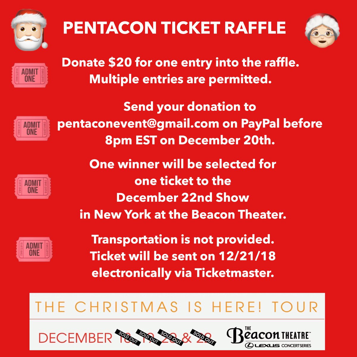 PentaConEvent's tweet image. It's not too late to see @PTXofficial on their sold out Christmas tour. Donate $20 to PentaCon and you'll be entered for a chance to WIN an Orchestra B seat 106 ticket (valued at $200) to the December 22nd show in New York. Details below...
#PTXChristmasIsHereTour