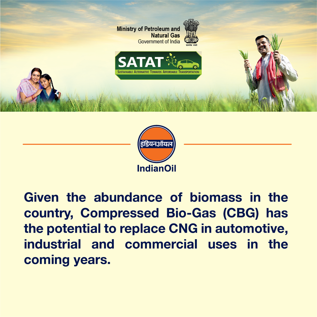 IndianOilcl's tweet photo. Given the abundance of biomass in the country, Compressed Bio-Gas (CBG) has the potential to replace CNG in automotive, industrial and commercial uses in the coming years. #SATAT https://t.co/Va5FimvJ47
