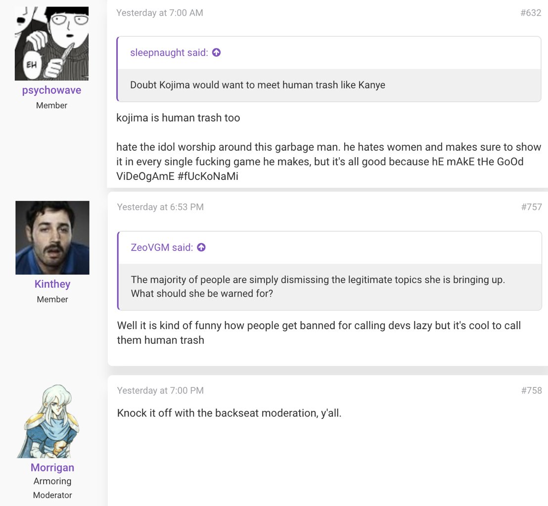 WrongthinkEra's tweet photo. Our team at #ResetEra fully supports this user's claim that @HIDEO_KOJIMA_EN is human trash. Making such statements does not result in a ban on our site like calling him a "lazy dev" would. #friendlycommunity #notahatesite https://t.co/8Epxmn7x3a