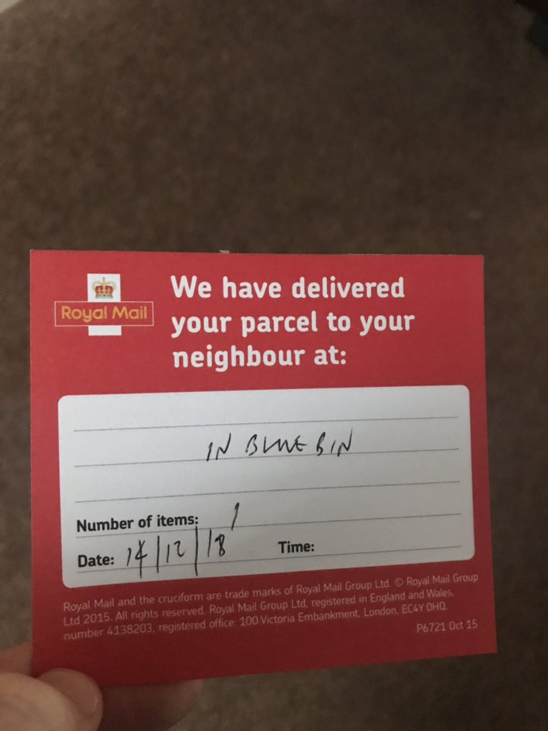 Graemebarella's tweet photo. “Sorry we missed you. Your parcel’s in the bin lol” 😭😭😭 @RoyalMail https://t.co/LColJqf234