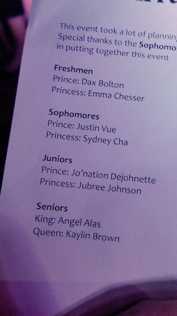 PrincipalRec's tweet photo. Congrats to our Winter Formal court.  A big thanks to the sophomore class, Mr. Arredondo and Mrs. Stafford for putting on a great dance. https://t.co/MVjPnkOoRM