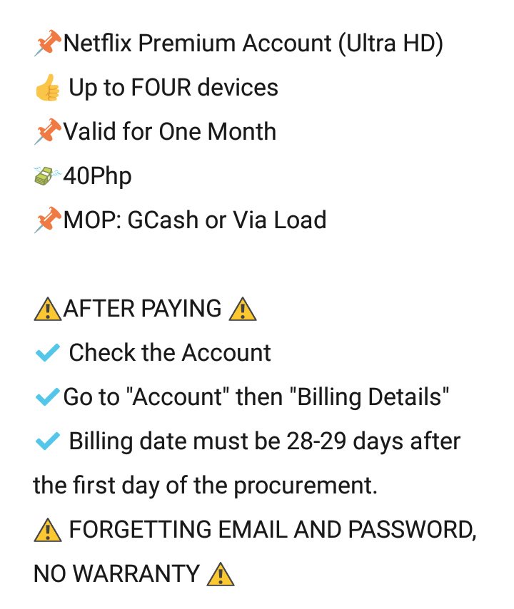NETFLIX40Php's tweet photo. 📌Netflix Premium Account (Ultra HD)
👍 Up to FOUR devices
📌Valid for One Month
💸40Php
📌MOP: GCash or Via Load https://t.co/oa1AHpU3l1