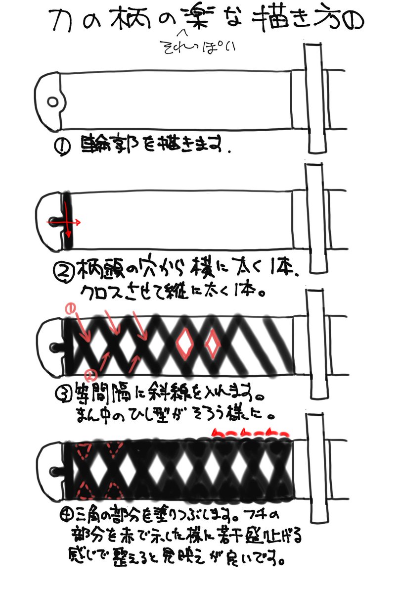 野々 凛太朗 需要があるか分かりませんが 刀の柄をそれらしく簡単に描く方法をまとめました 鞘は目下研究中です 刀身は描き方が既にありましたので検索してみてください 日本刀 刀の描き方 柄の描き方 T Co 54ip14zt8t Twitter