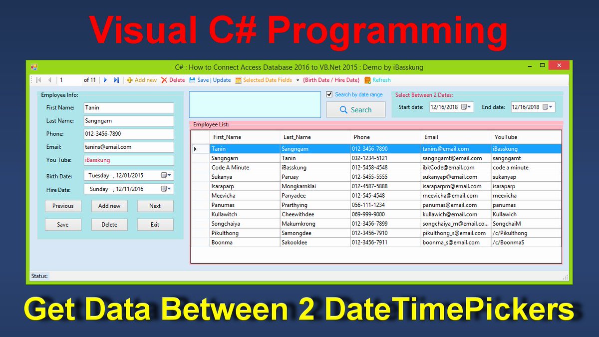 IBasskung's tweet photo. 🎥 Visual Studio 2015 and Microsoft Access 2016
✔ Visual C# .Net : How to Search Records between two DateTimePicker Values (Part 2/2).
➜ https://t.co/jhZk9ZPYX0
.
🎬 Play all videos in the playlist ➜ https://t.co/7k4DerX0PS
.
#CSharp #Programming #AccessDatabase #SearchForm https://t.co/DWfV1mZc7U