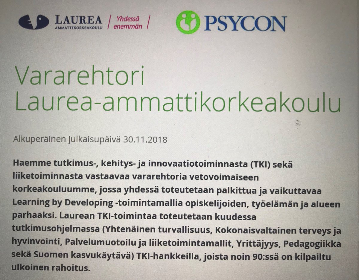 Laurea-ammattikorkeakouluun haetaan vararehtoria johtamaan tutkimus-, kehitys-, innovaatio- ja liiketoimintaa. Haku7.1. asti. Haluatko keskustella tehtävästä?  Tavoitat minut parhaiten ma 17.12. klo 15.30-17 puh. +358468567660 @Oikotie_duunit @Laurea_UAS <a href="/Laurea_RDI/">LaureaRDI</a> #YlpeästiAMK