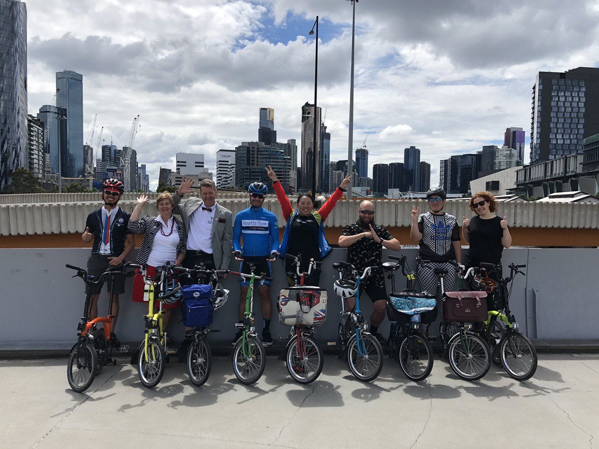 Brompton_MEL's tweet photo. On our way to our #BromptonHotLap at the #ShimanoSuperCrit today. Harking back to one of our first club rides, we met on #WebbBridge #docklands. I think we need more practice at doing the #bromptonlift... https://t.co/aHSmrU7hBQ