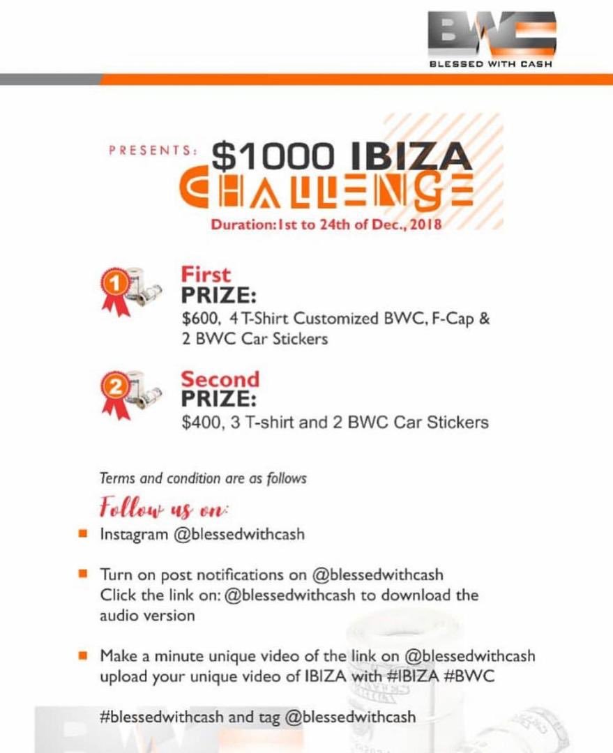 Marapolsa's tweet photo. If you want to participate participate in the #1KIbizaChallenge then make a unique one-minute video and upload your video with #IBIZA #BWC #blessedwithcash and make sure you tag @blessedwithcash on Instagram. https://t.co/tl8WhTGZ4v