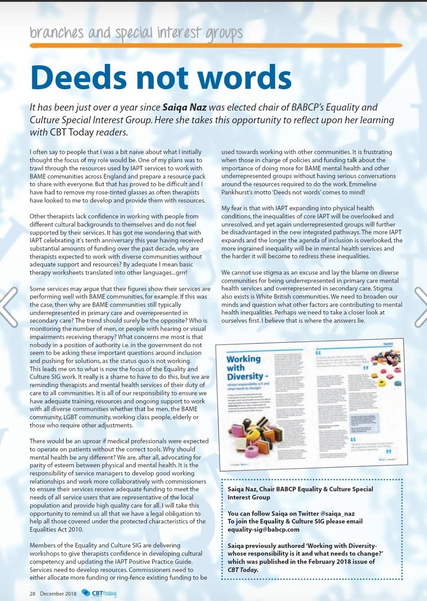 saiqa_naz's tweet photo. My latest piece for @BABCP CBT Today magazine. 

I wrote this piece a while ago and titled it, 'Deeds not words.' Why? Because we need to move beyond just talking when it comes to BAME #mentalhealth. 

Also timed well for the unveiling of @OurEmmeline statue in #Manchester ! 🤣 https://t.co/lItQEtDfMF