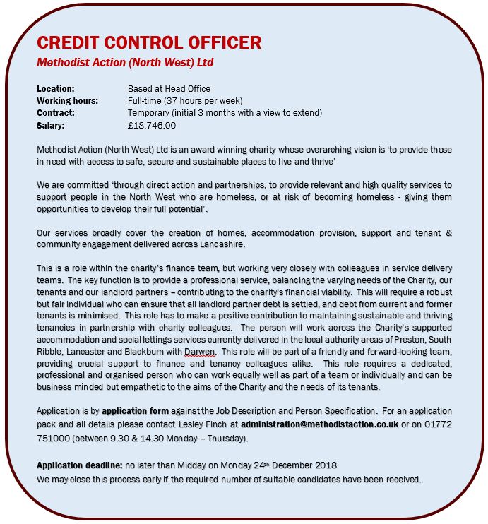 MethodistAction's tweet photo. @MethodistAction #Lancashire #job Credit Control Officer in A Place to Live. Request application pack from administration@methodistaction.co.uk https://t.co/6Ddg1vQY2y