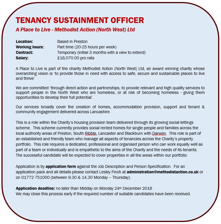 MethodistAction's tweet photo. @MethodistAction #Lancashire #job Tenancy Sustainment in A Place to Live. Request application pack from administration@methodistaction.co.uk https://t.co/XYxSvAfiRP