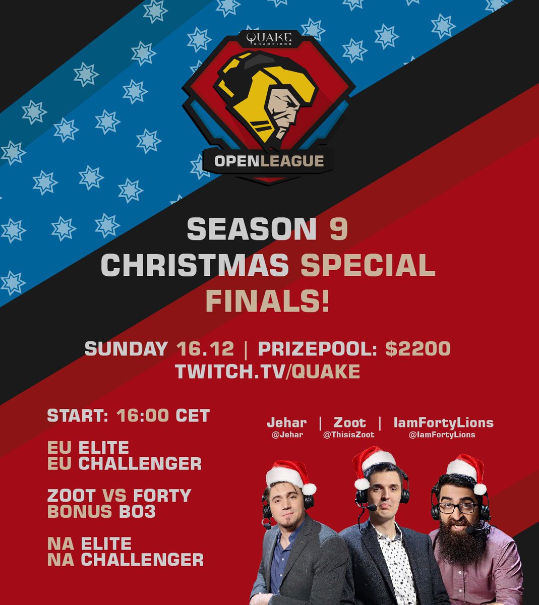 ❄️🎅 SEASON 9 CHRISTMAS SPECIAL FINALS ARE LIVE 🎅❄️

EU Challenger twitch.tv/PlagueTV [EN]

EU Elite
M1 <a href="/cypherrrino/">cYpheR</a> vs <a href="/base_quake/">Asthma</a> 
M2 <a href="/myztroraisy/">Adrián Birgány</a> vs @vengeurtv
M3 GRAND FINAL

Streams
twitch.tv/cyberfight [RU]
twitch.tv/opencyberleague [RU]
twitch.tv/quake [EN]